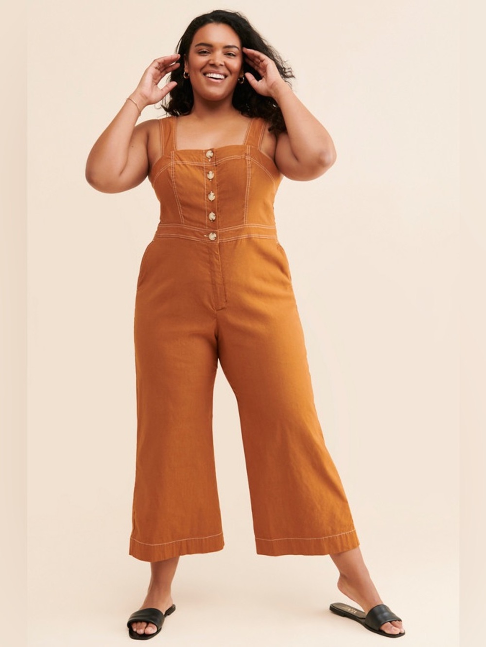 Anthropologie Button-Front Wide-Leg Jumpsuit in Burnt Orange